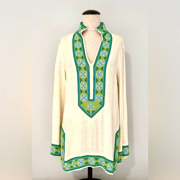 RARE Tory Burch Custom Hand-Beaded Ivory Linen Tunic Mini size 4 - Picture 1 of 16